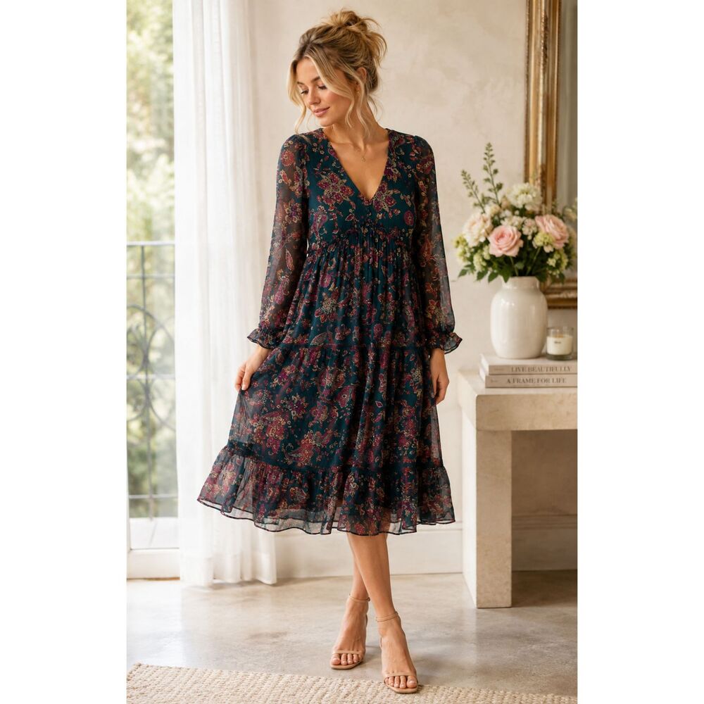 Band of the Free Run The World Midi Dress Pine Paisley Size S NWT